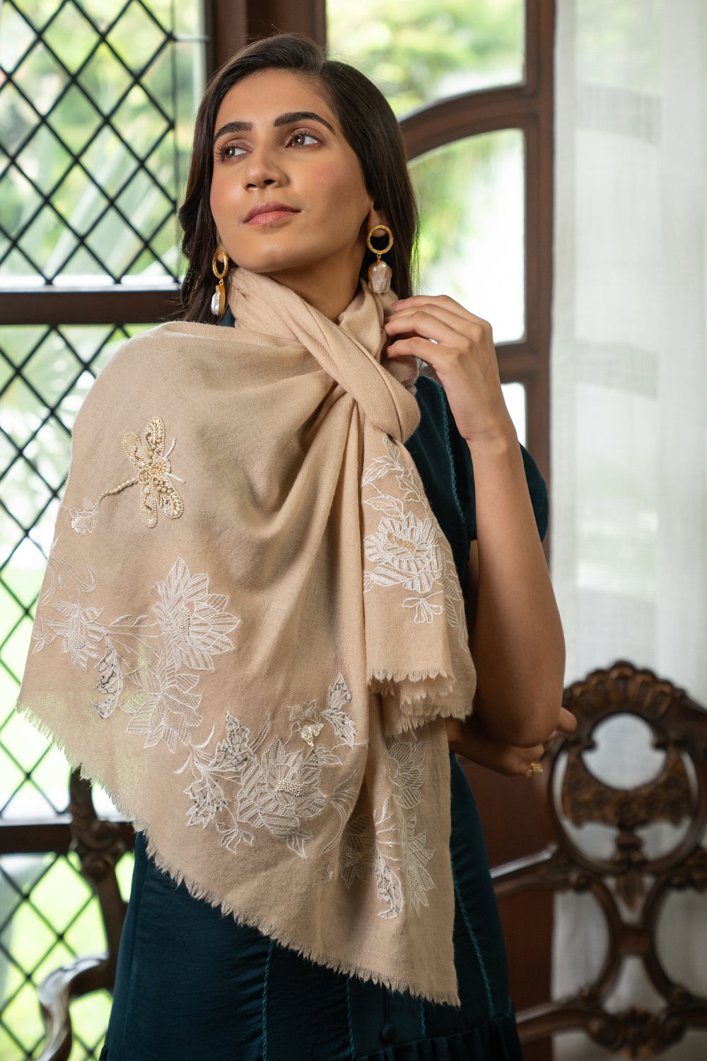 The Gilded Dragonfly | Embroidered Fine Wool Silk Stole