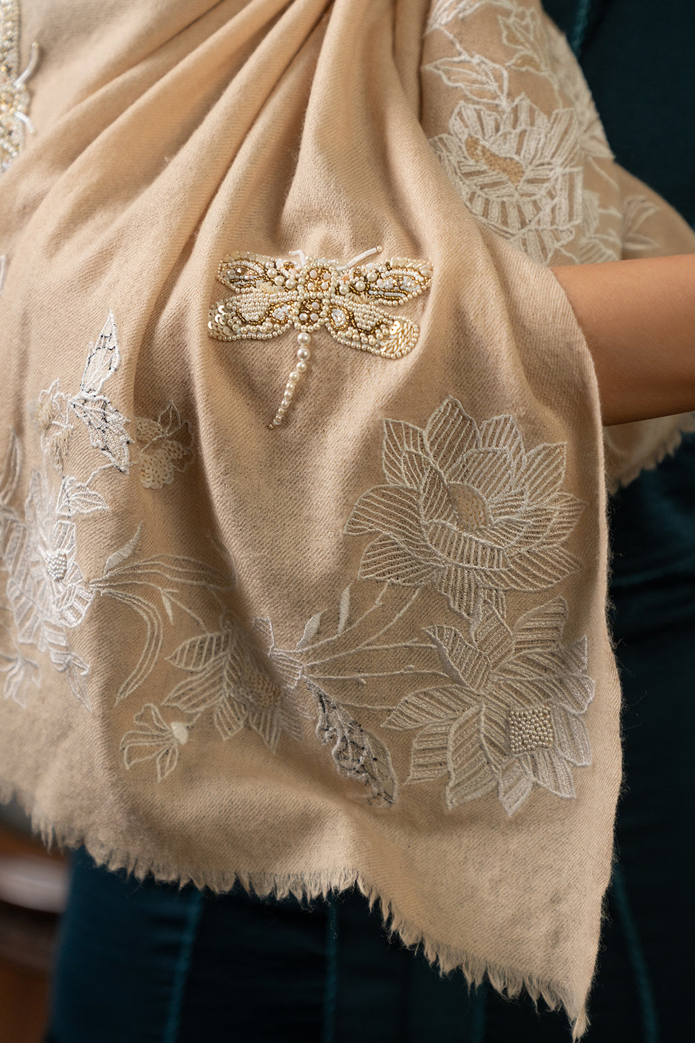 The Gilded Dragonfly | Embroidered Fine Wool Silk Stole