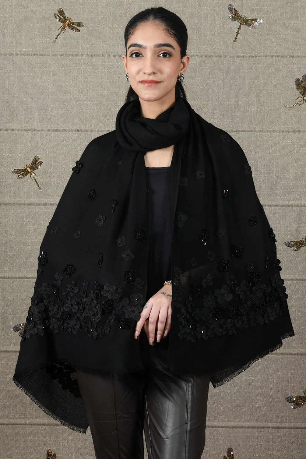 The Onyx Petal | Embroidered Fine Wool Silk Stole