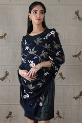 The Sapphire Blossom | Embroidered Fine Wool Silk Stole