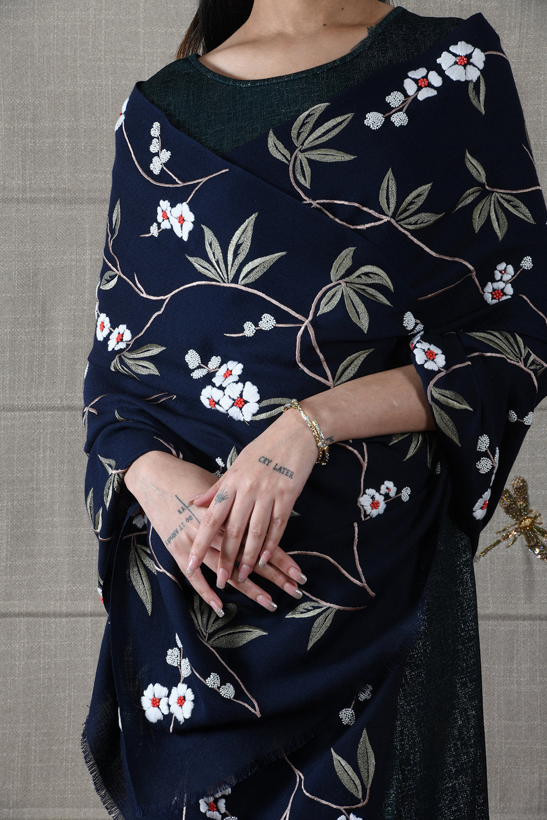 The Sapphire Blossom | Embroidered Fine Wool Silk Stole