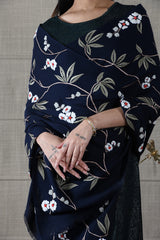 The Sapphire Blossom | Embroidered Fine Wool Silk Stole