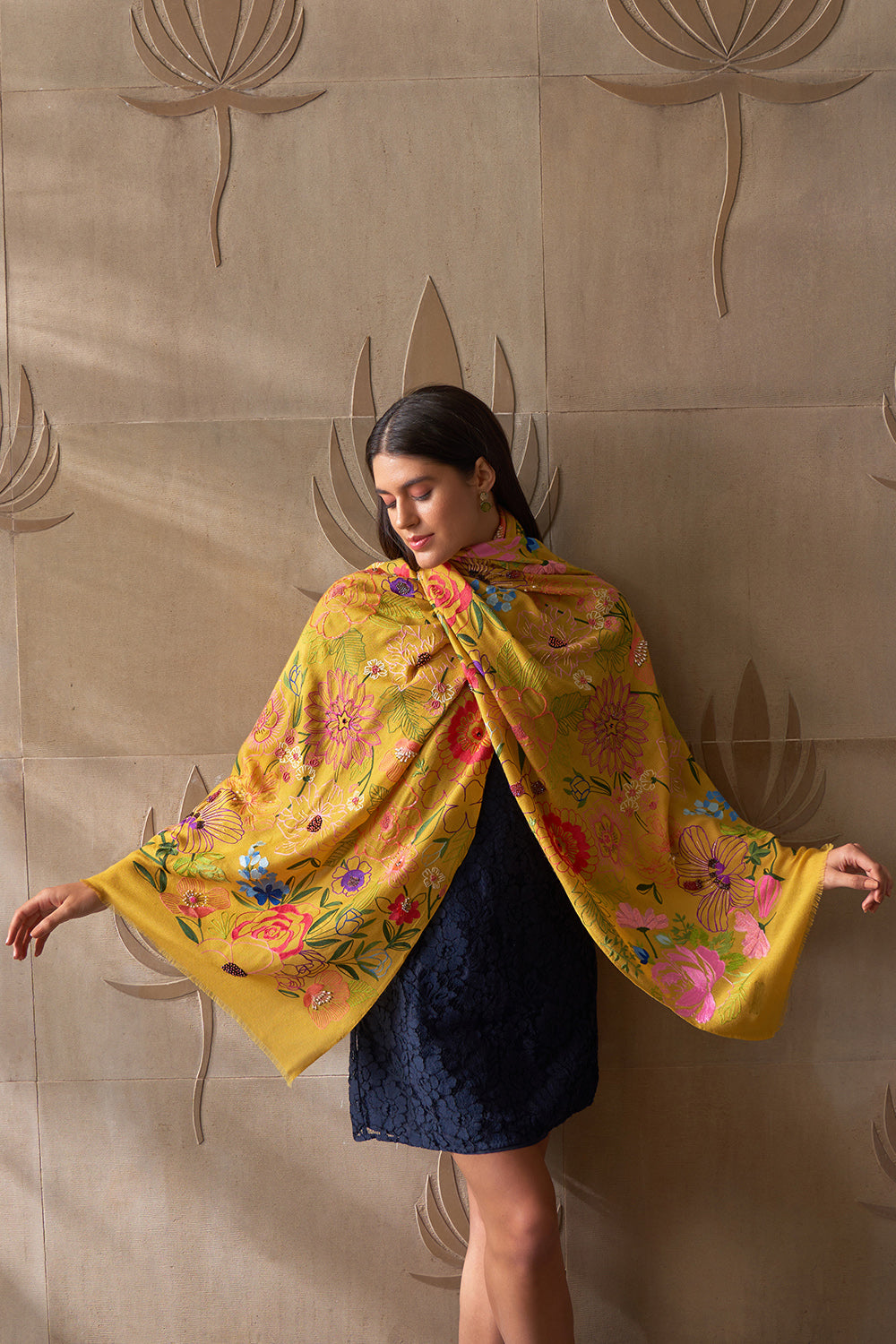 Tropical Bloom | Embroidered Pure Cashmere Stole
