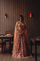 Rust Beaded Blossom Lehenga