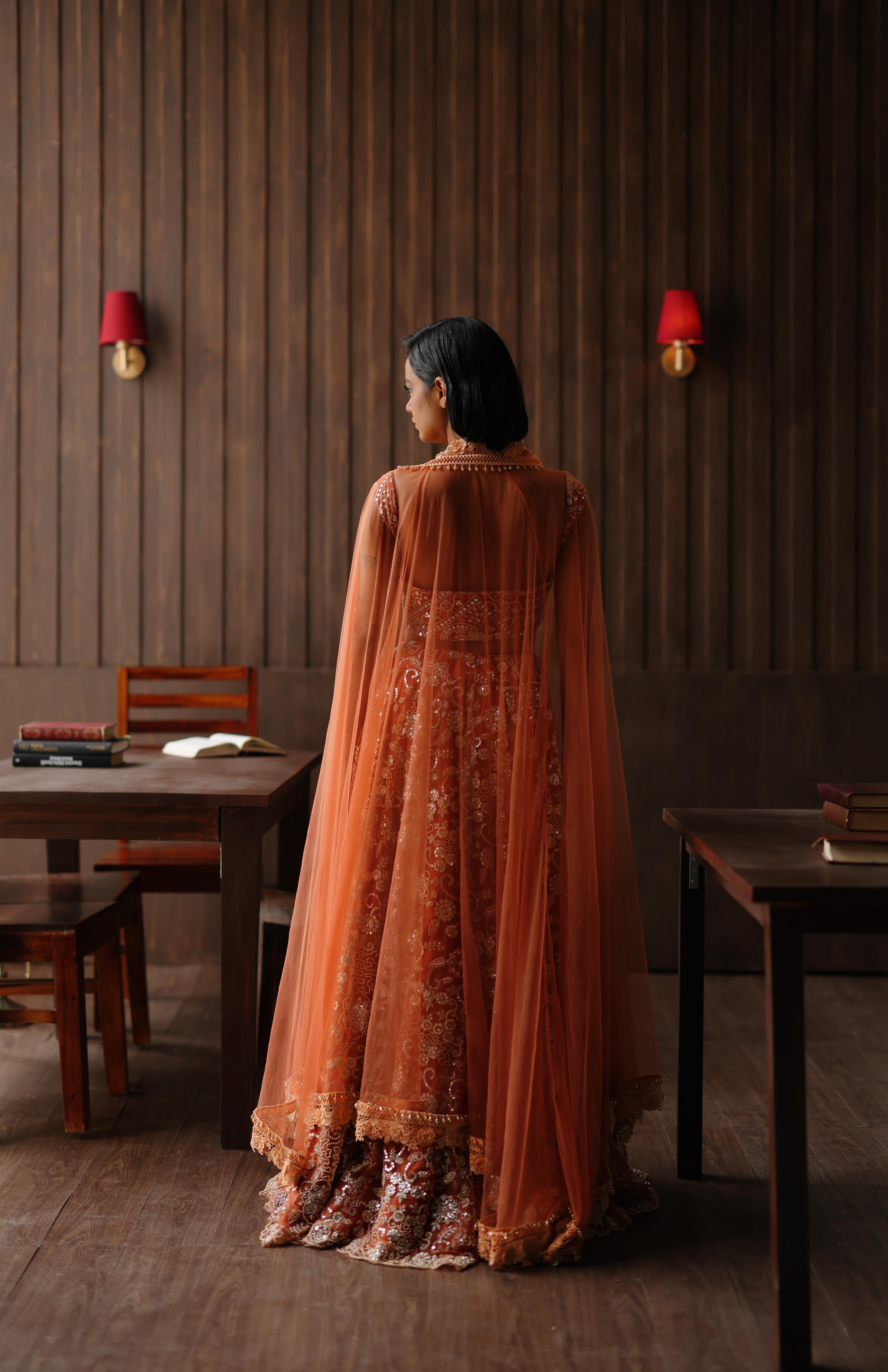 Rust Beaded Blossom Lehenga