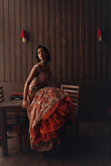 Rust Beaded Blossom Lehenga