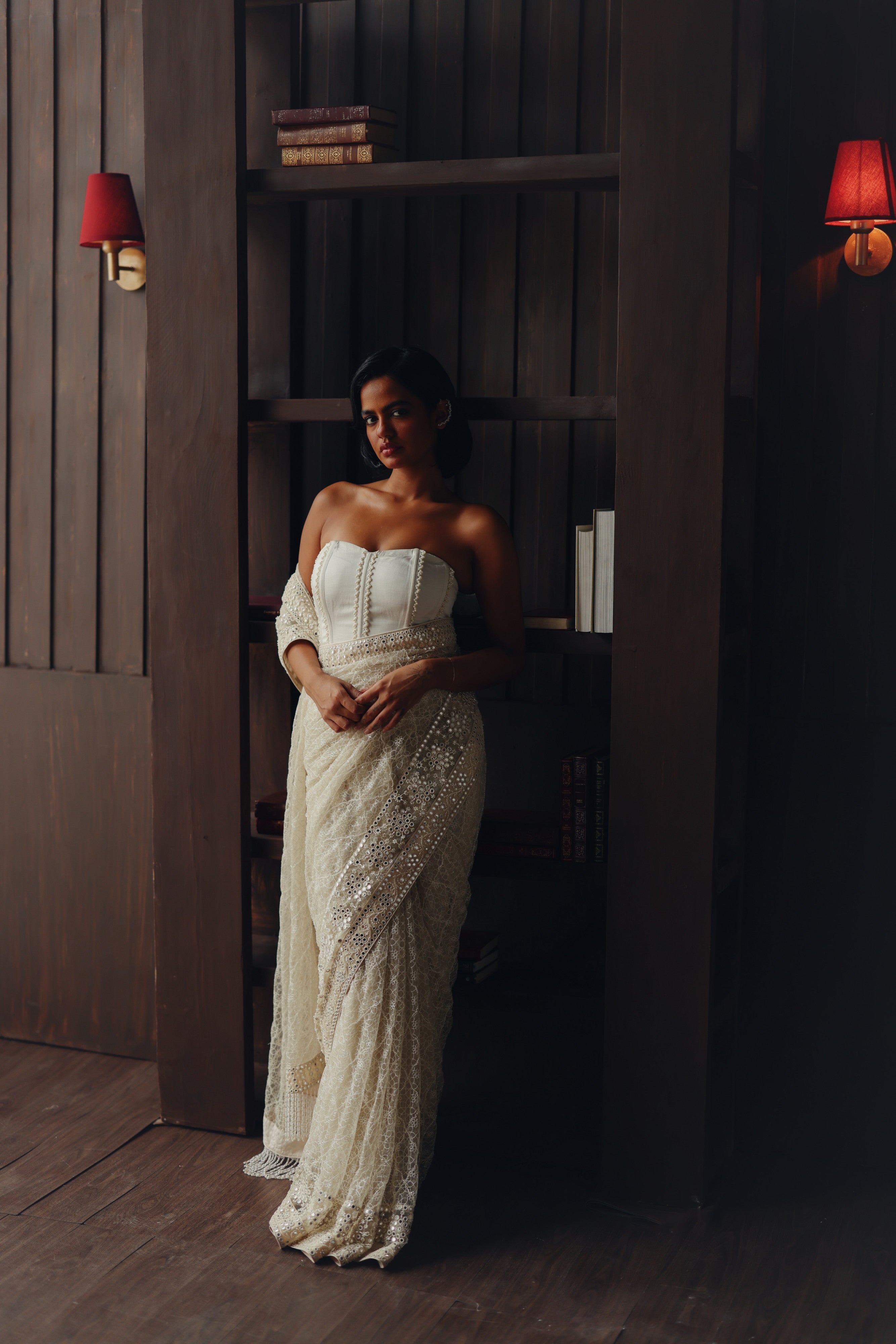 Beadwork jaal saree with corset
