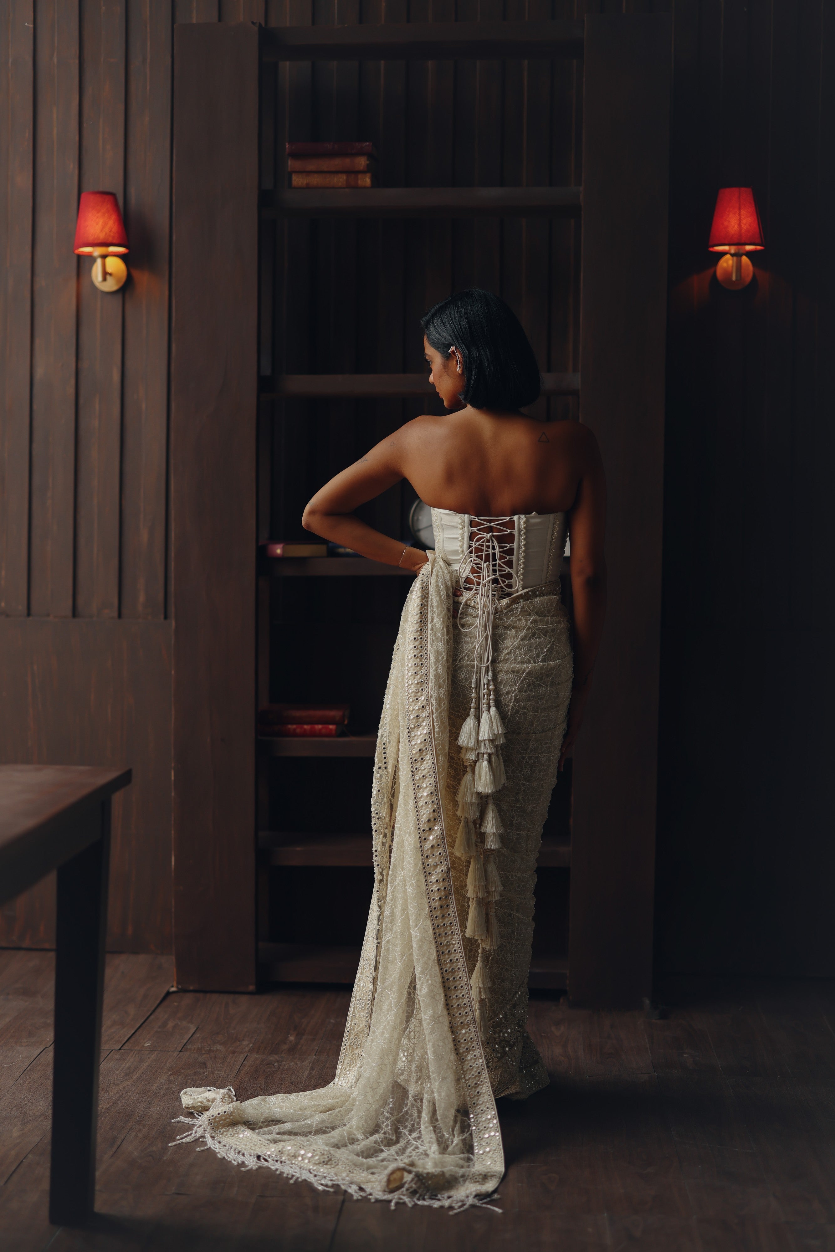 Beadwork jaal saree with corset
