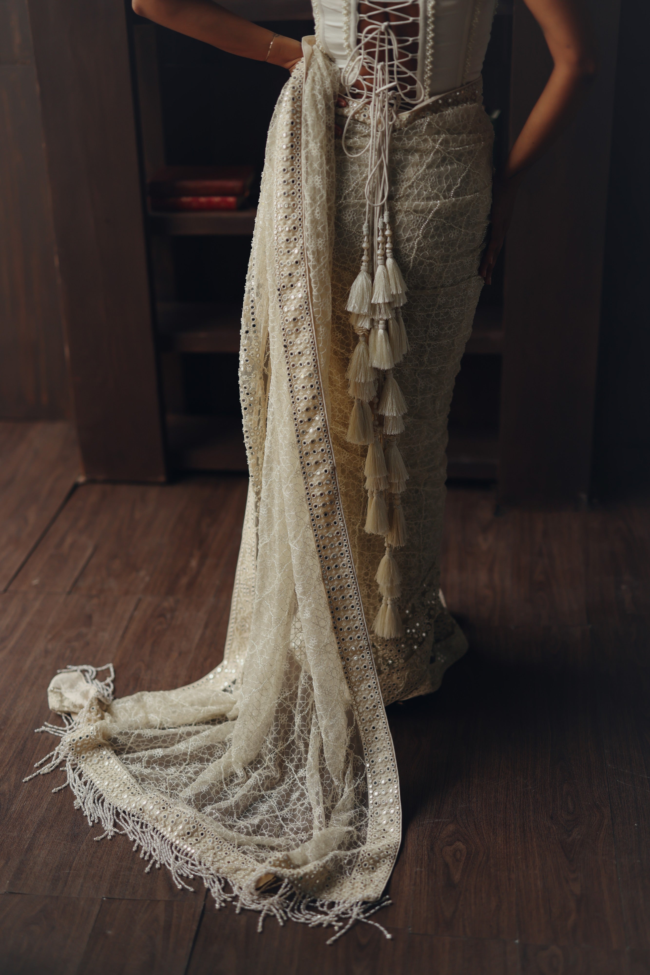 Beadwork jaal saree with corset