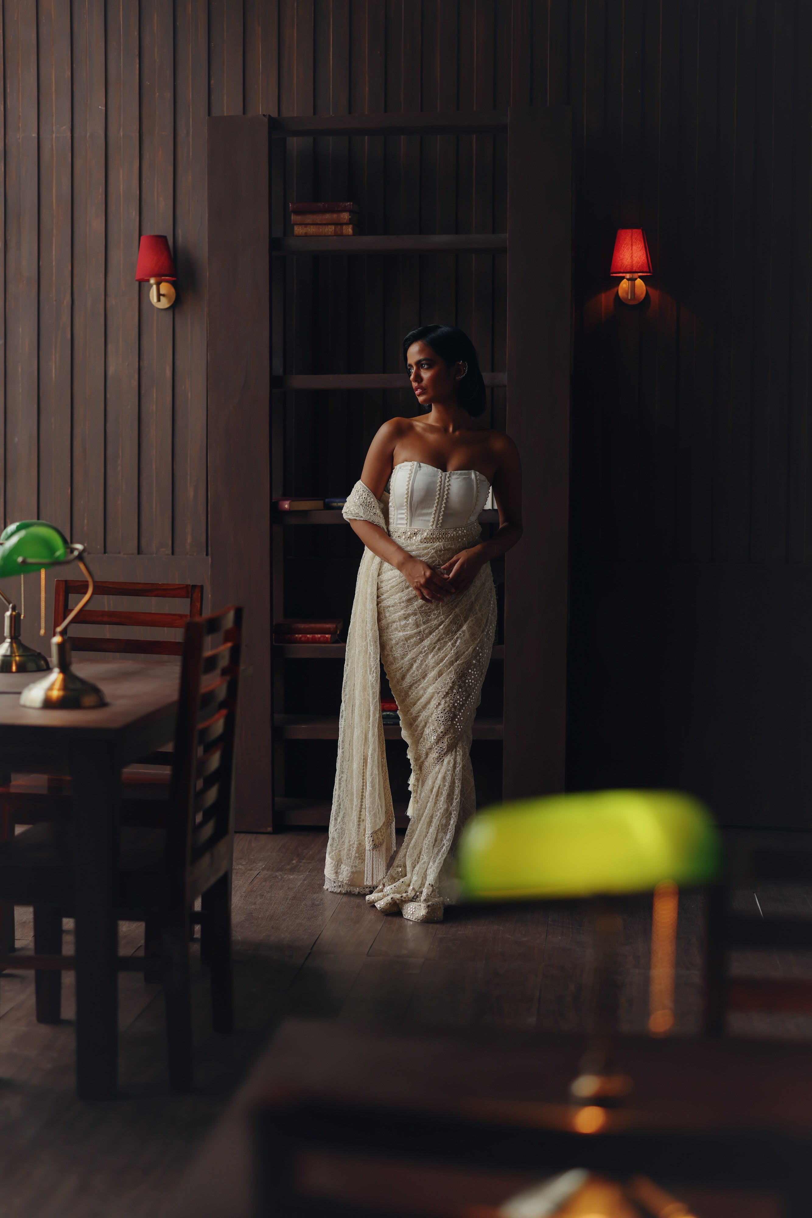 Beadwork jaal saree with corset