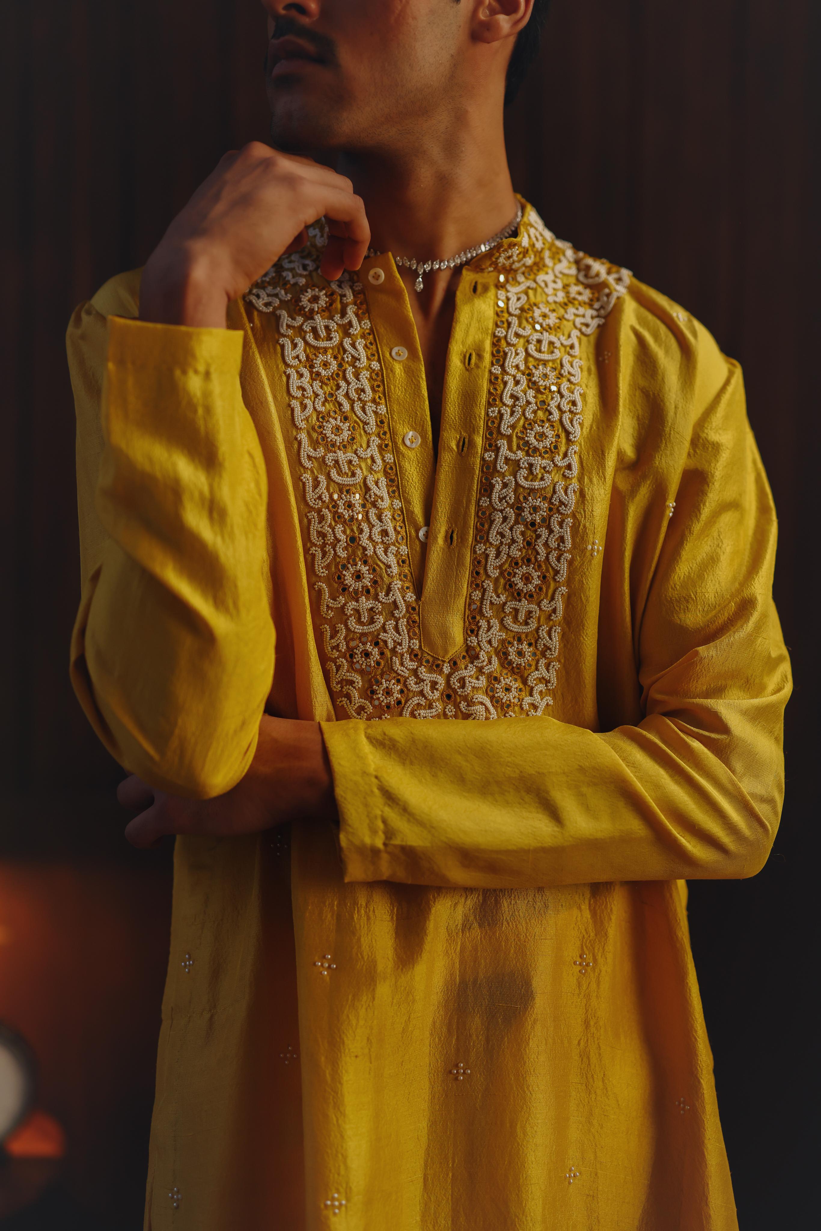 Mirrorwork Beadwork Monga Silk Kurta