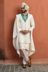 IVORY EMBROIDERED RAW SILK ACHKAN WITH KURTA AND TROUSER
