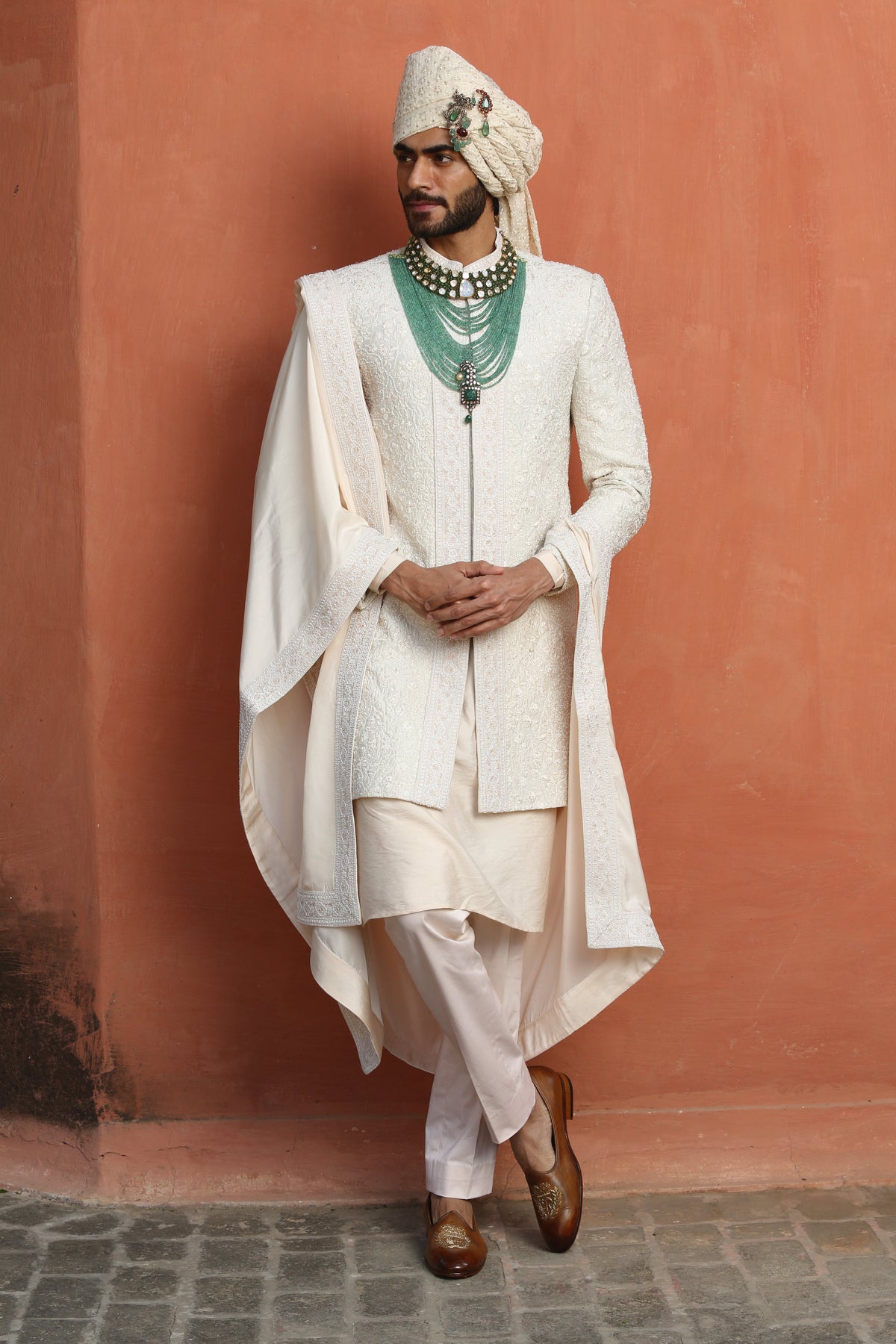 IVORY EMBROIDERED RAW SILK ACHKAN WITH KURTA AND TROUSER
