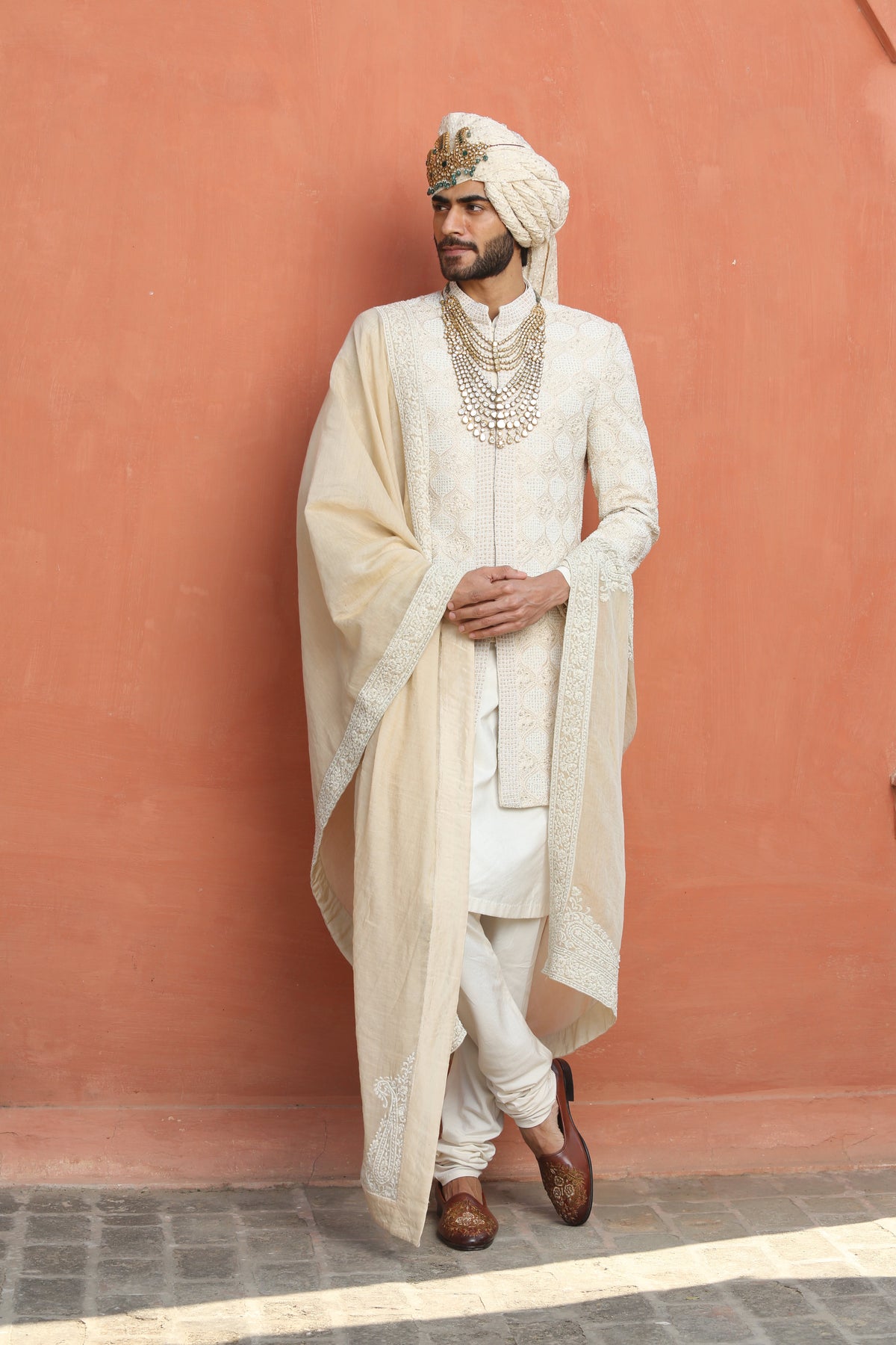 BEIGE MONGA EMBROIDERED ACHKAN WITH KURTA AND CHURIDAR