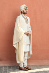 BEIGE MONGA EMBROIDERED ACHKAN WITH KURTA AND CHURIDAR