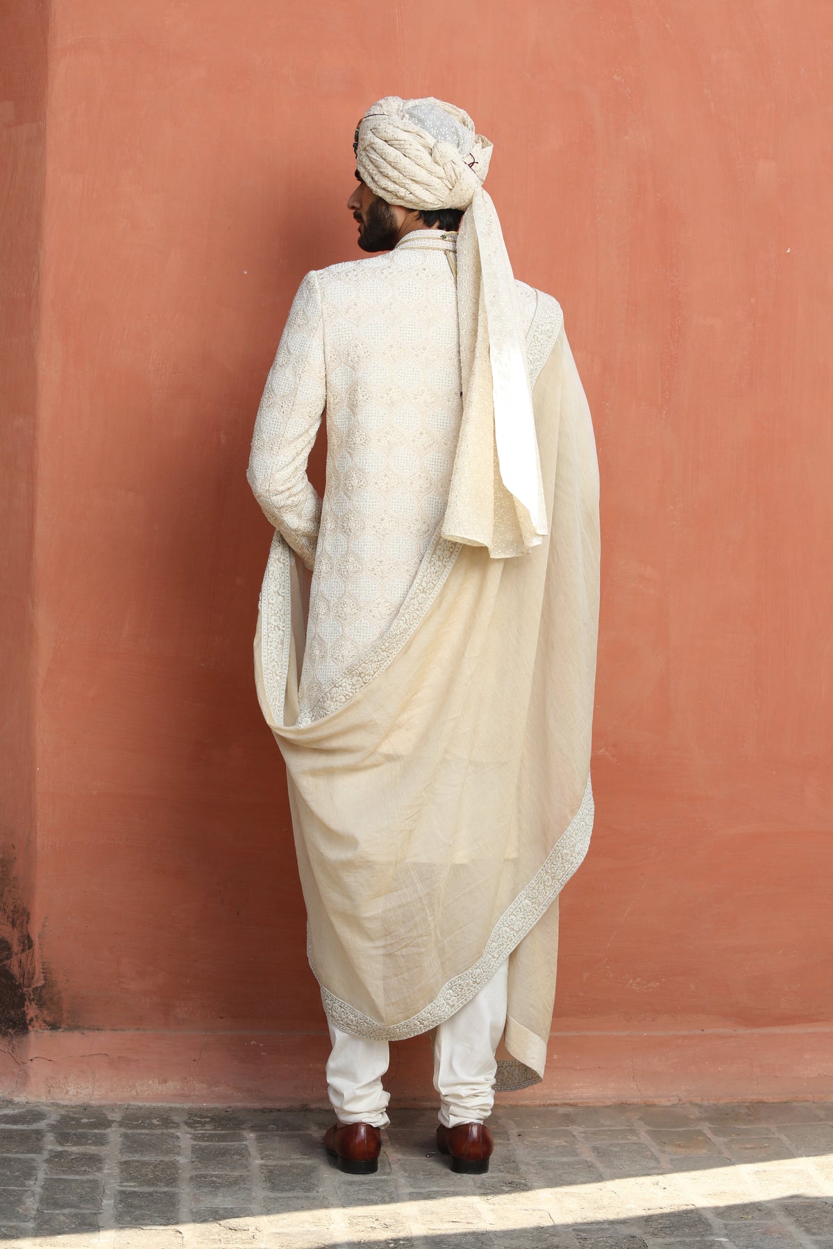 BEIGE MONGA EMBROIDERED ACHKAN WITH KURTA AND CHURIDAR