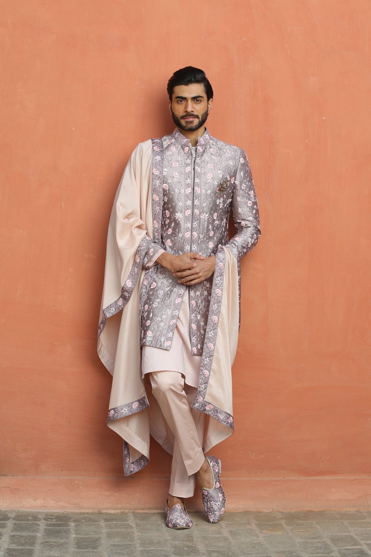 LILAC TAFETTA FLORAL EMBROIDERED ACHKAN WITH KURTA AND PANT