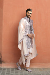 LILAC TAFETTA FLORAL EMBROIDERED ACHKAN WITH KURTA AND PANT