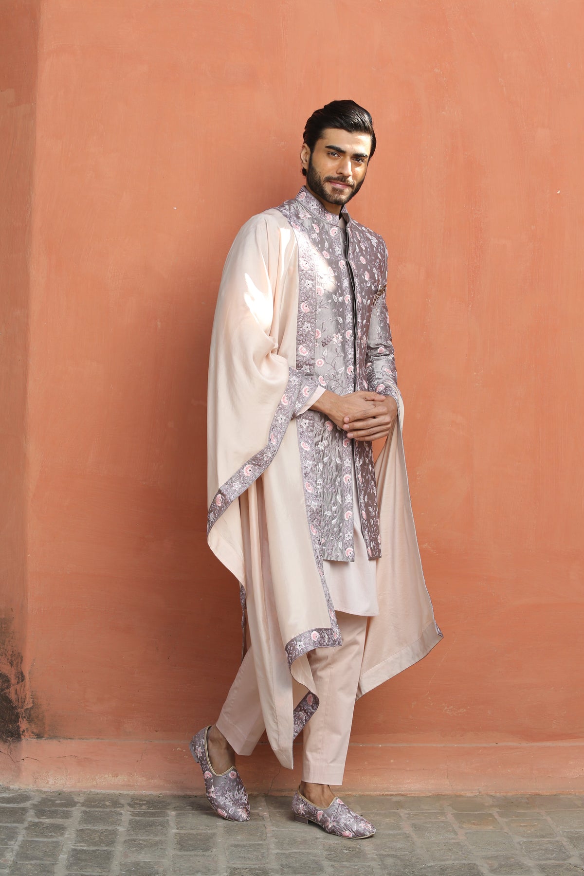 LILAC TAFETTA FLORAL EMBROIDERED ACHKAN WITH KURTA AND PANT
