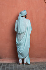 AQUA BLUE DUPION SILK EMBROIDERED ACHKAN WITH MONGA KURTA AND PANT