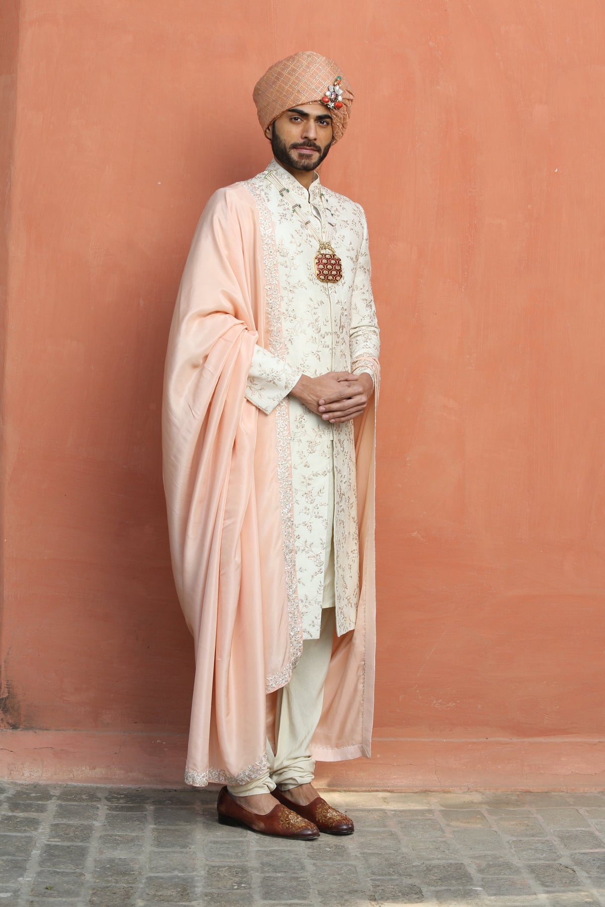 IVORY RAW SILK EMBROIDERED SHERWANI WITH MONGA TASSAR SILK KURTA AND CHURIDAR