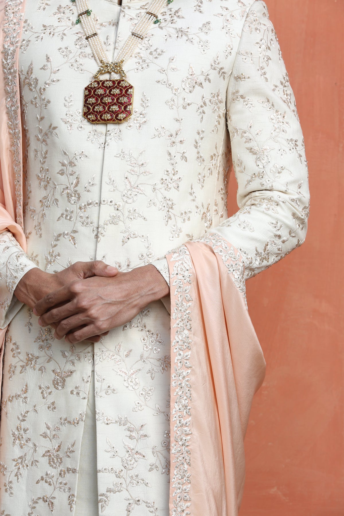 IVORY RAW SILK EMBROIDERED SHERWANI WITH MONGA TASSAR SILK KURTA AND CHURIDAR