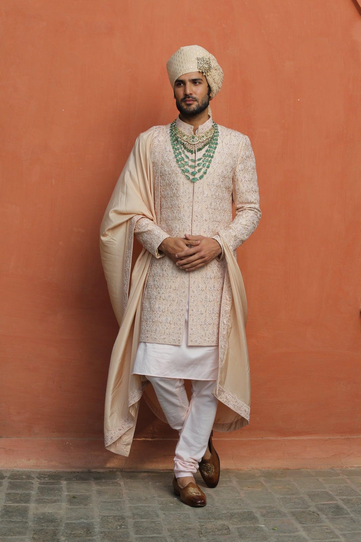 NUDE TAFETTA SILK EMBROIDERED SHERWANI WITH KURTA AND CHURIDAR