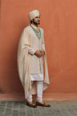NUDE TAFETTA SILK EMBROIDERED SHERWANI WITH KURTA AND CHURIDAR