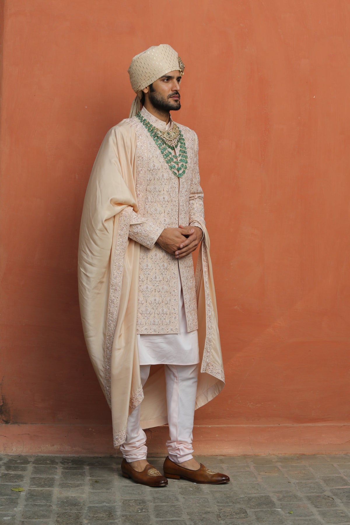 NUDE TAFETTA SILK EMBROIDERED SHERWANI WITH KURTA AND CHURIDAR