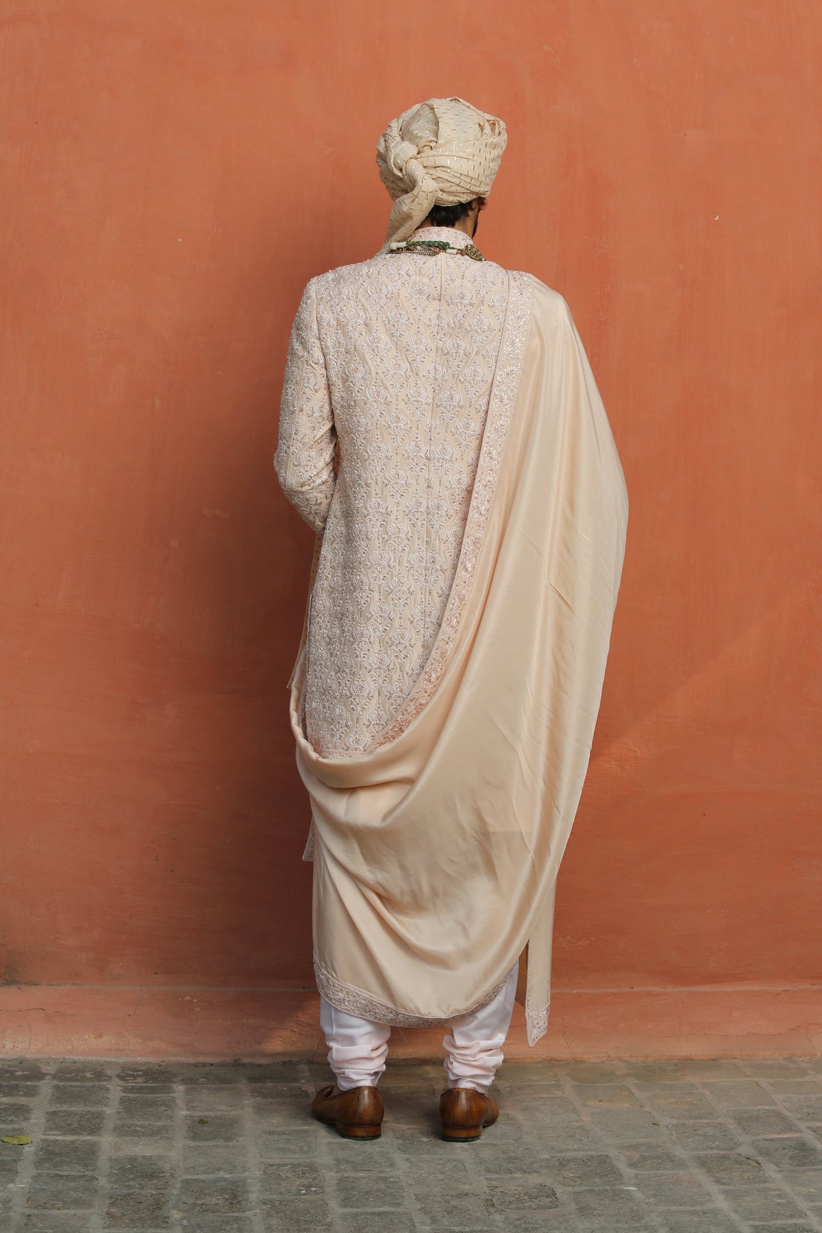NUDE TAFETTA SILK EMBROIDERED SHERWANI WITH KURTA AND CHURIDAR