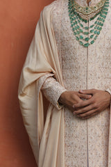 NUDE TAFETTA SILK EMBROIDERED SHERWANI WITH KURTA AND CHURIDAR