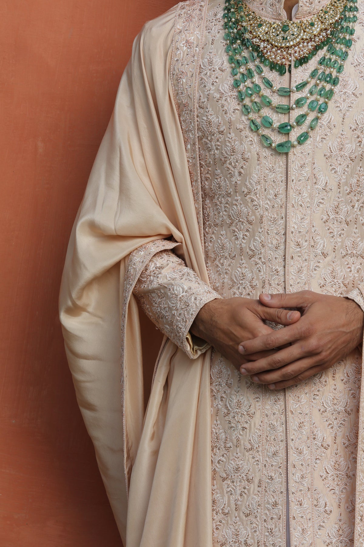 NUDE TAFETTA SILK EMBROIDERED SHERWANI WITH KURTA AND CHURIDAR