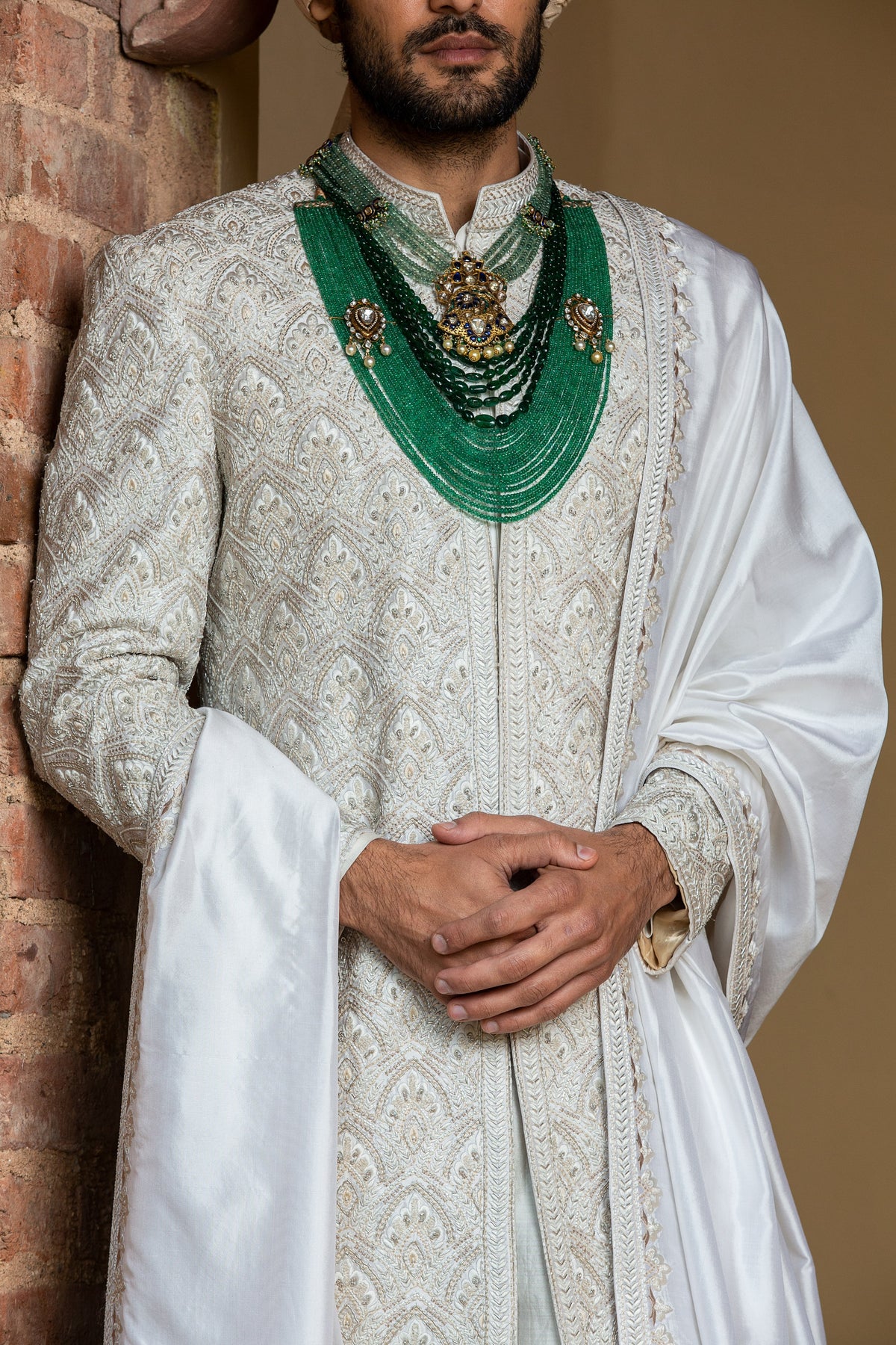 IVORY TAFETTA ACHKAN AND BELT ALL OVER EMBROIDERED WITH MONGA KURTA AND CHURIDAR
