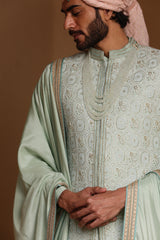 MINT GREEN MONGA EMBROIDERY ACHKAN WITH KURTA AND PANTS