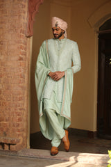 MINT GREEN MONGA EMBROIDERY ACHKAN WITH KURTA AND PANTS