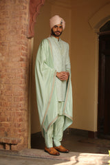 MINT GREEN MONGA EMBROIDERY ACHKAN WITH KURTA AND PANTS