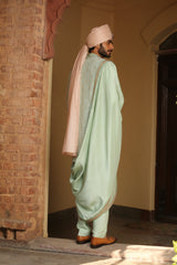 MINT GREEN MONGA EMBROIDERY ACHKAN WITH KURTA AND PANTS