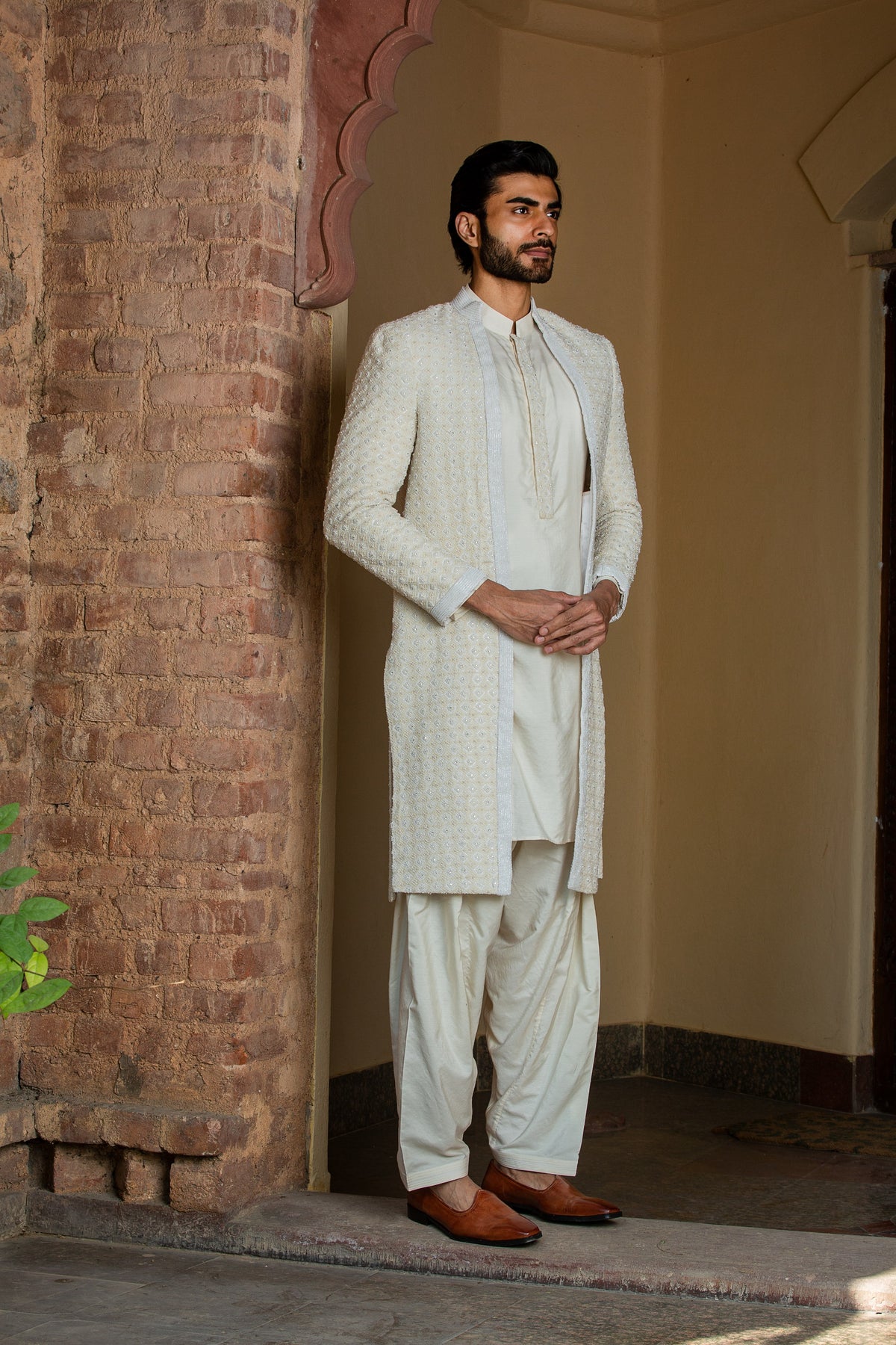 IVORY EMBROIDERED LONG JACKET WITH KURTA AND SALWAR