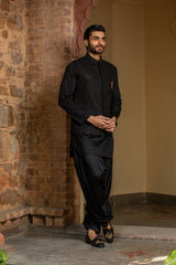 BLACK KURTA SALWAR WITH RAW SILK ALL OVER EMBROIDERED NEHRU JACKET