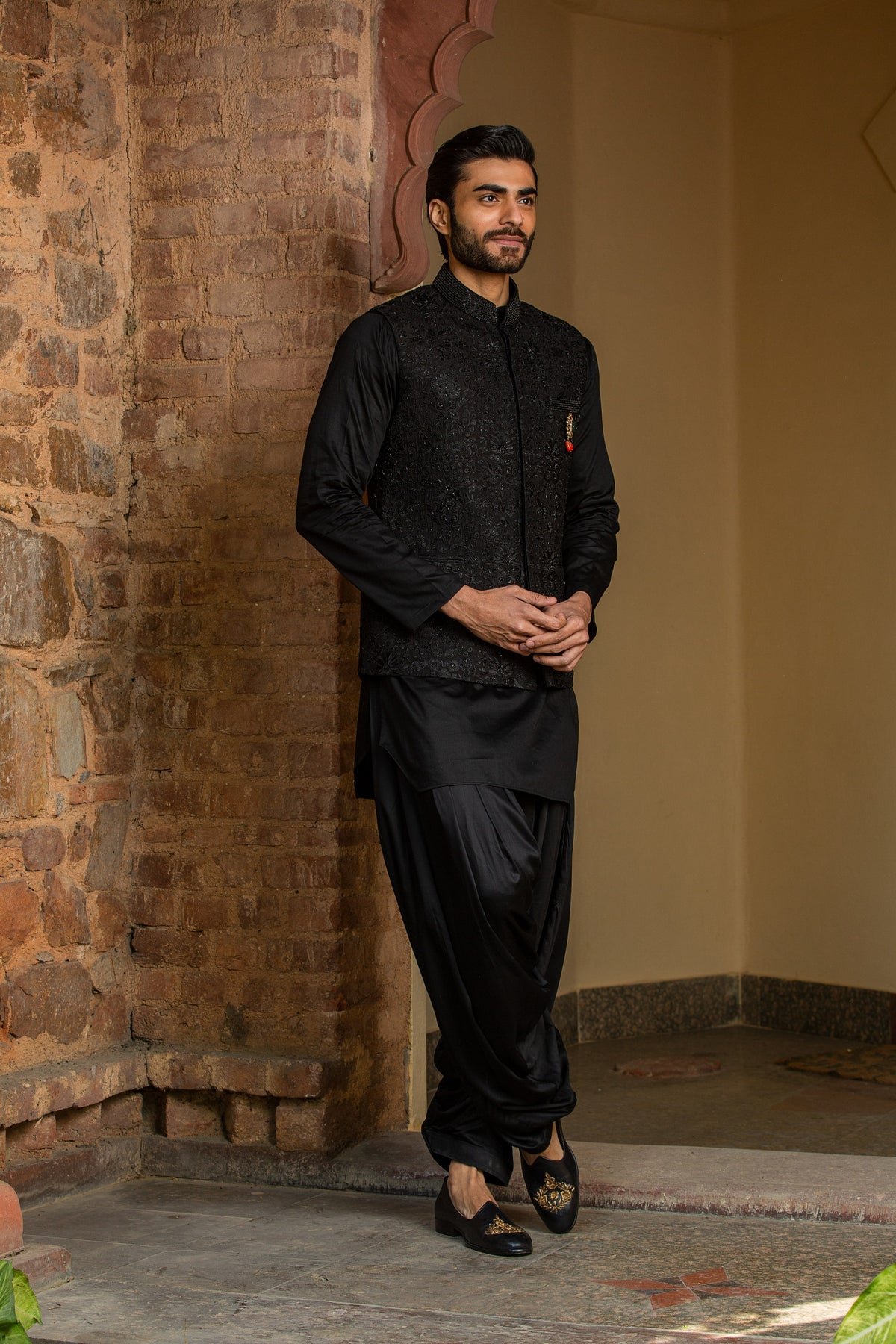 BLACK KURTA SALWAR WITH RAW SILK ALL OVER EMBROIDERED NEHRU JACKET