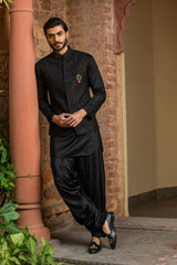 BLACK KURTA SALWAR WITH RAW SILK ALL OVER EMBROIDERED NEHRU JACKET