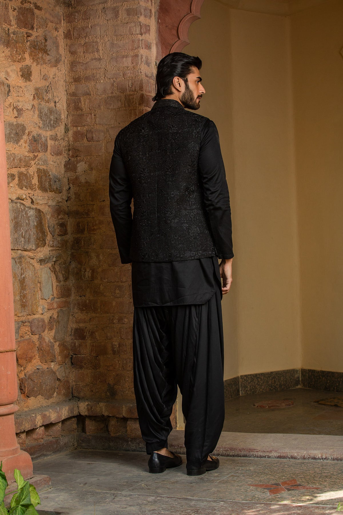 BLACK KURTA SALWAR WITH RAW SILK ALL OVER EMBROIDERED NEHRU JACKET
