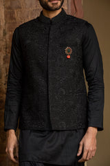 BLACK KURTA SALWAR WITH RAW SILK ALL OVER EMBROIDERED NEHRU JACKET