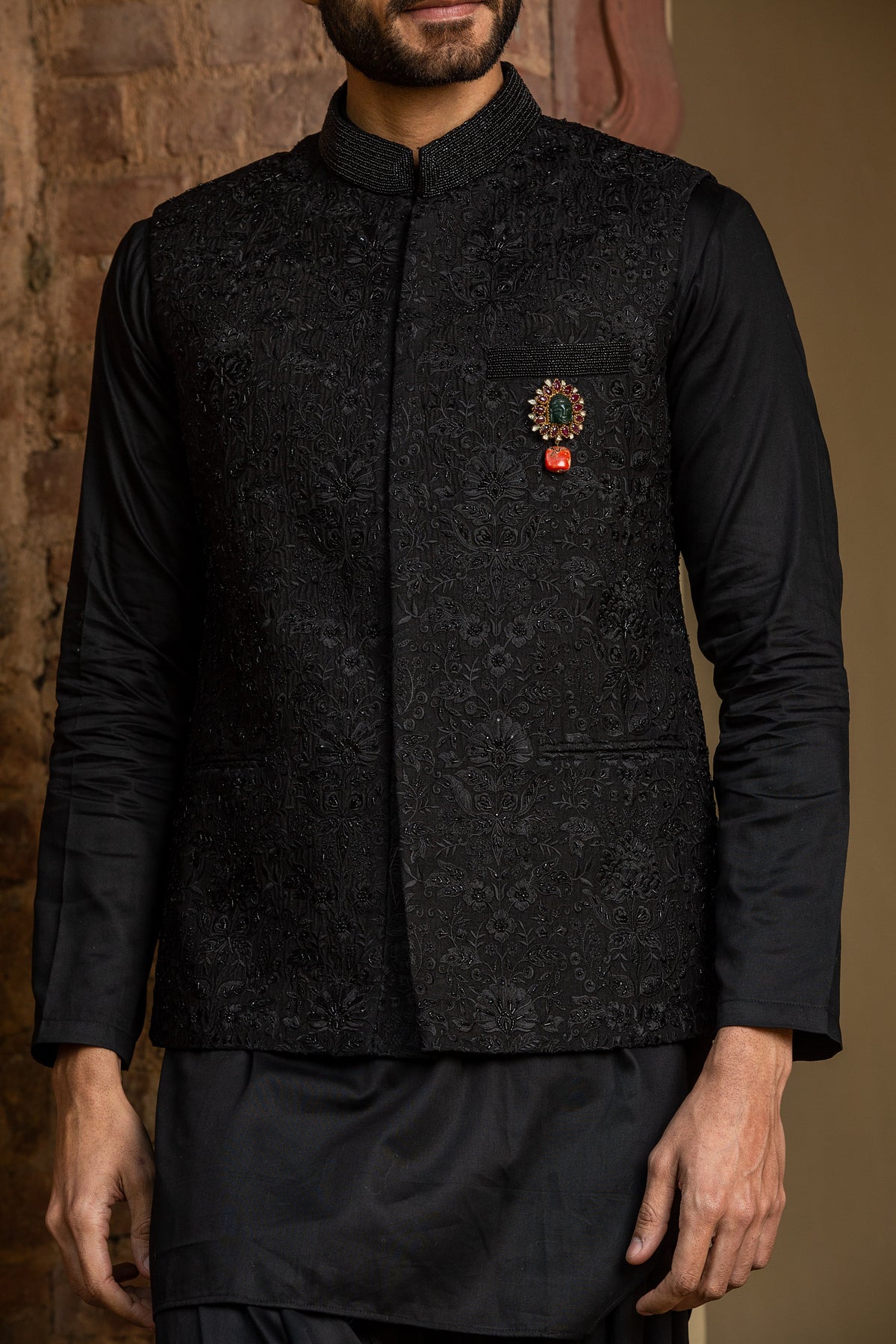 BLACK KURTA SALWAR WITH RAW SILK ALL OVER EMBROIDERED NEHRU JACKET