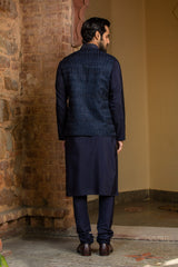 NAVY BLUE KURTA CHURIDAR WITH RAW SILK ALL OVER EMBROIDERED NEHRU JACKET
