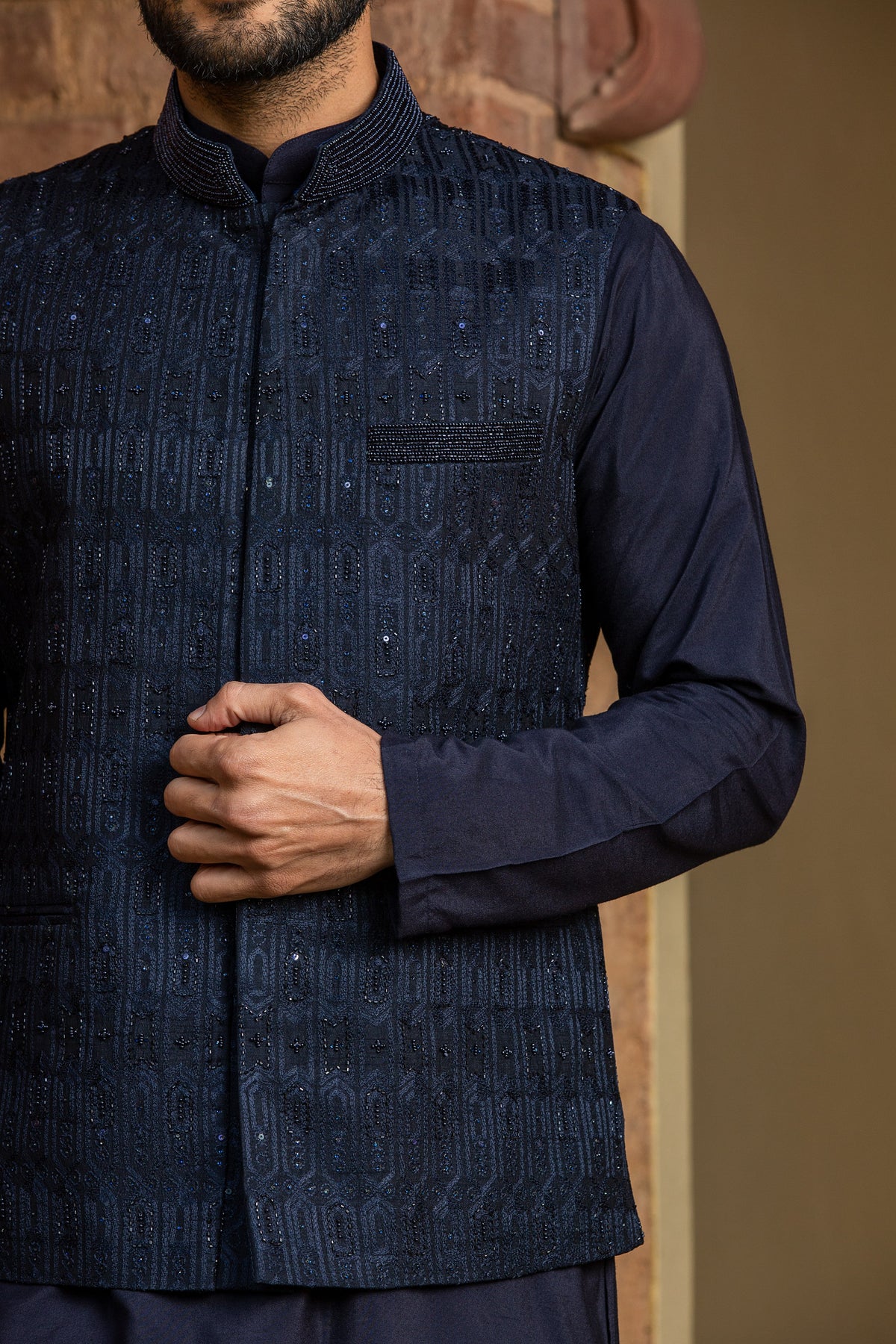 NAVY BLUE KURTA CHURIDAR WITH RAW SILK ALL OVER EMBROIDERED NEHRU JACKET