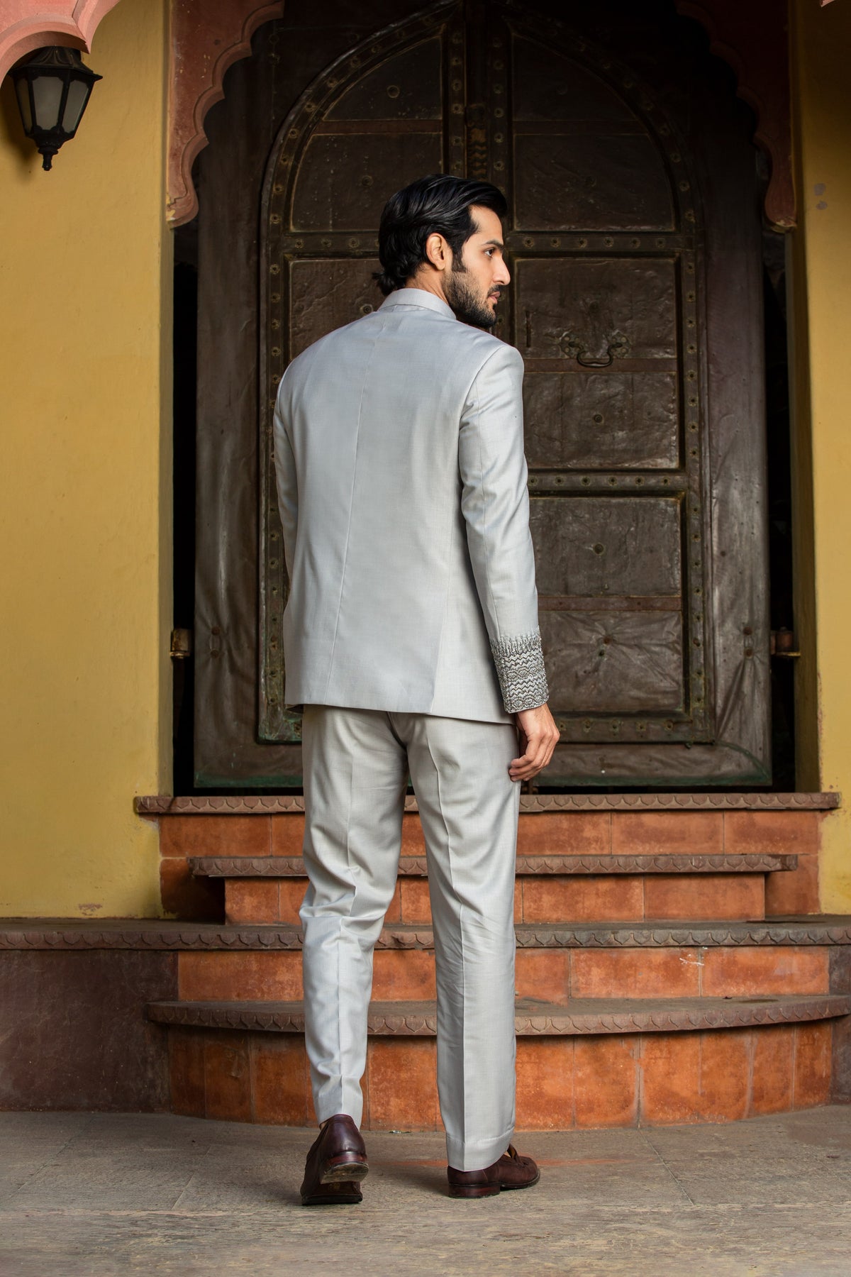 SILVER GREY JODHPUR SUIT ZARDOZI EMBROIDERED