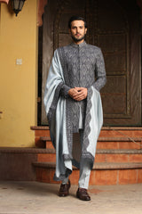 NAVY BLUE MATKA TUSSAR ALL OVER EMBROIDERED ACHKAN WITH ICE BLUE KURTA AND TROUSER