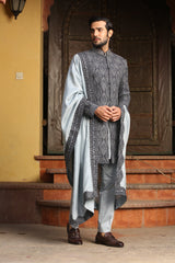 NAVY BLUE MATKA TUSSAR ALL OVER EMBROIDERED ACHKAN WITH ICE BLUE KURTA AND TROUSER