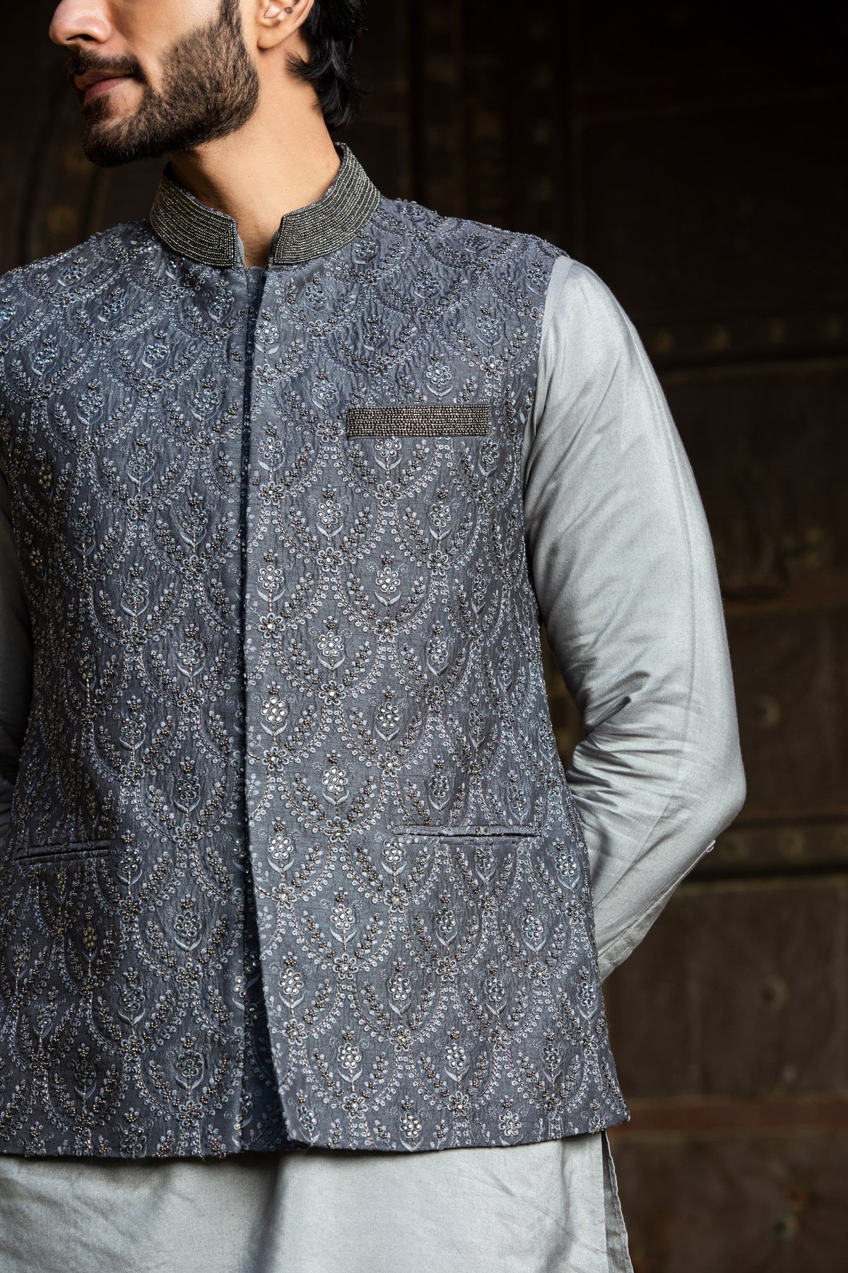 STEEL GREY KURTA AND PANT WITH ALL OVER EMBROIDERED RAW SILK NEHRU JACKET